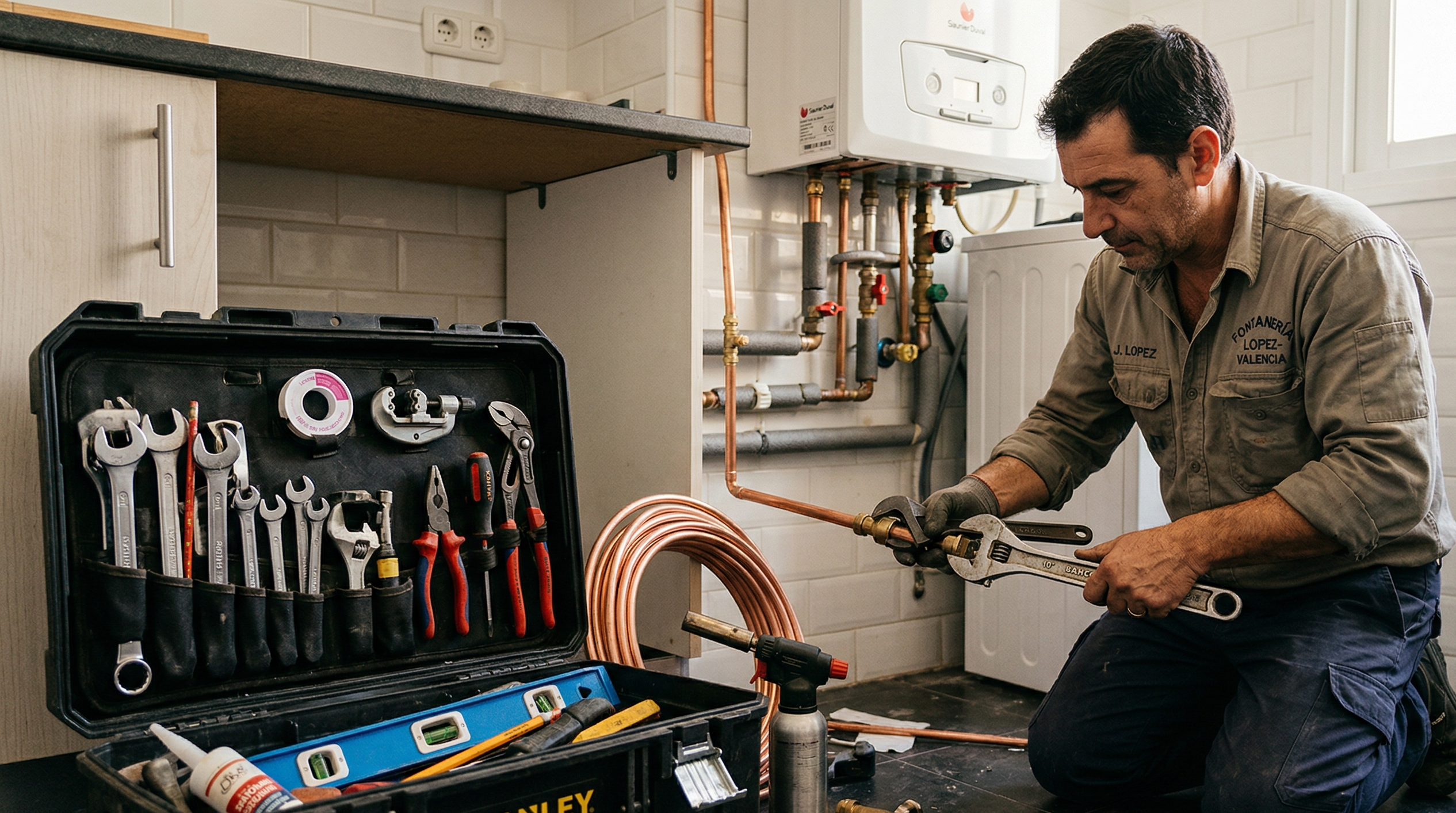 Fontanero profesional con herramientas en Valencia