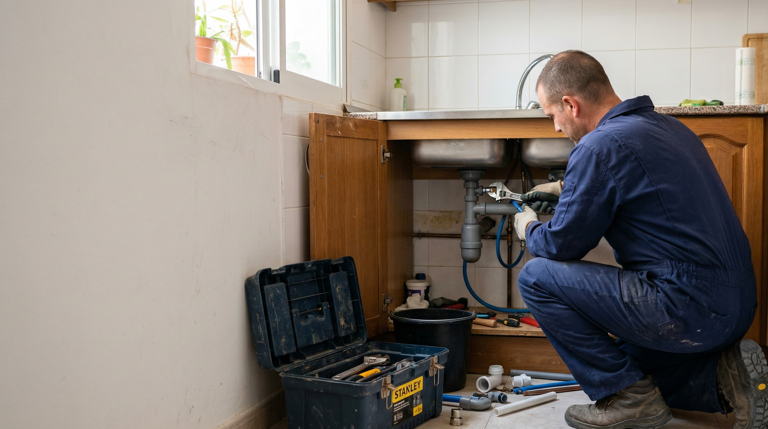 Fontanero trabajando en cocina de vivienda en Valencia