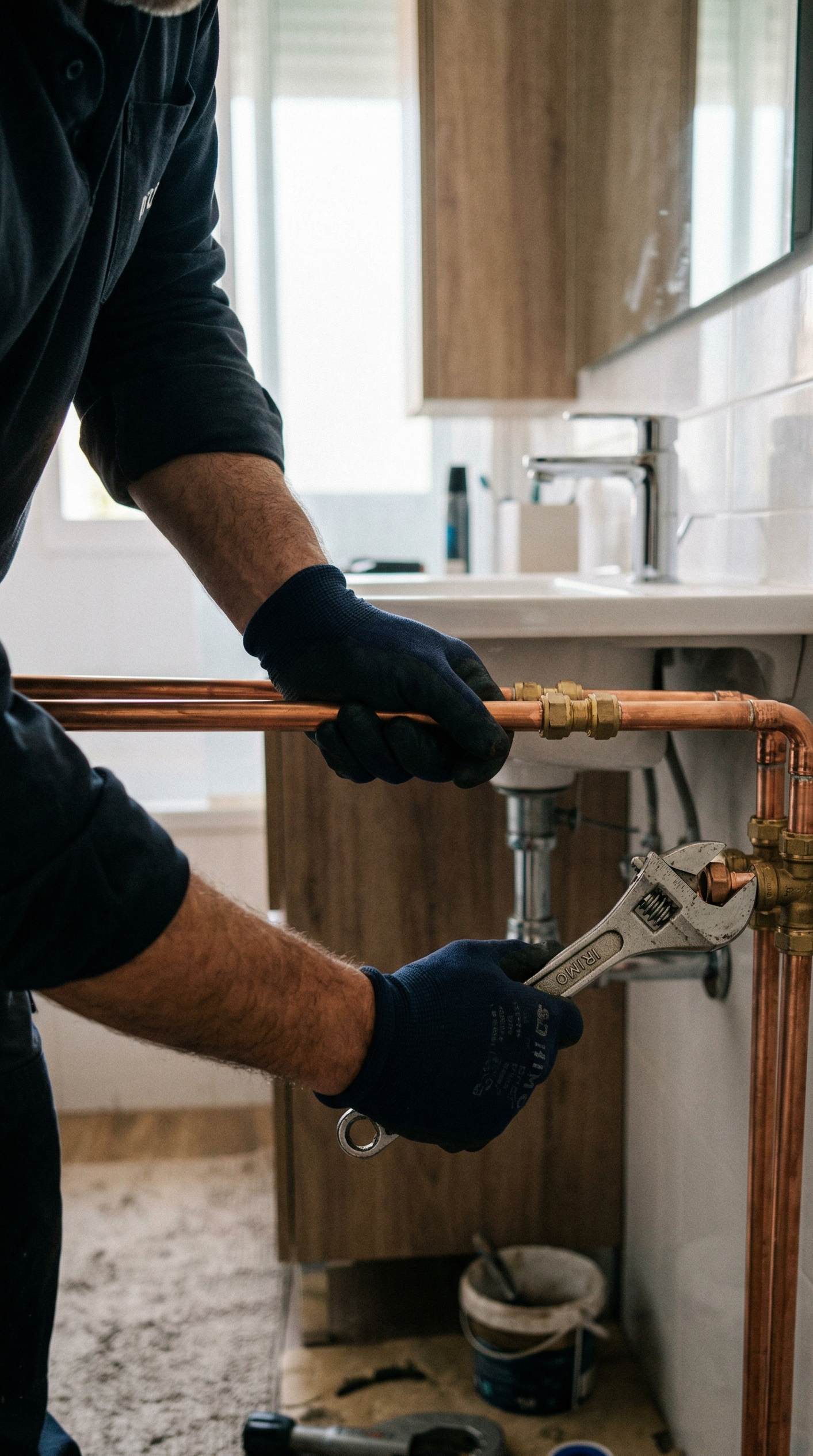 Fontanero instalando tuberías de cobre en Benicalap, Valencia